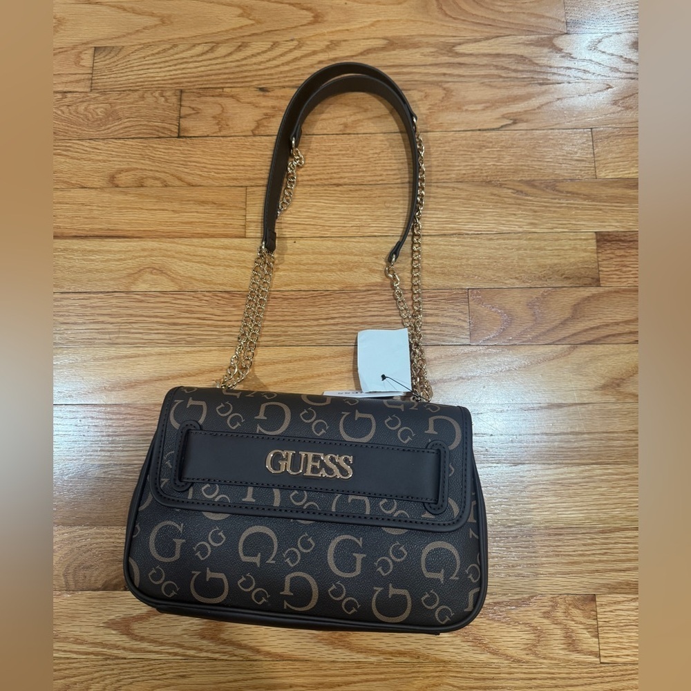 GUESS Dark Brown Logo Shoulder Bag with Gold Chain